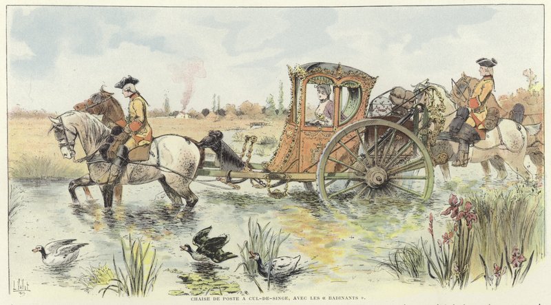 Bir nehirden geçerken at arabasına binen bir kadın by Louis Vallet