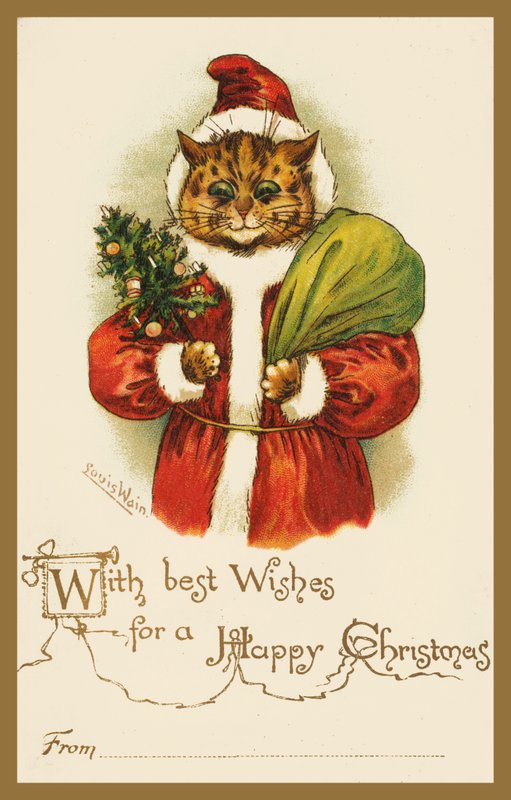 Noel Baba kostümü giyen kedi (chromolitho) by Louis Wain