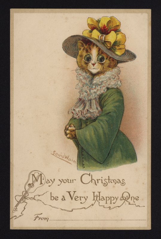 Bir kadının şapkası ve paltosu giyen kedi, Noel tebrik kartı (chromolitho) by Louis Wain