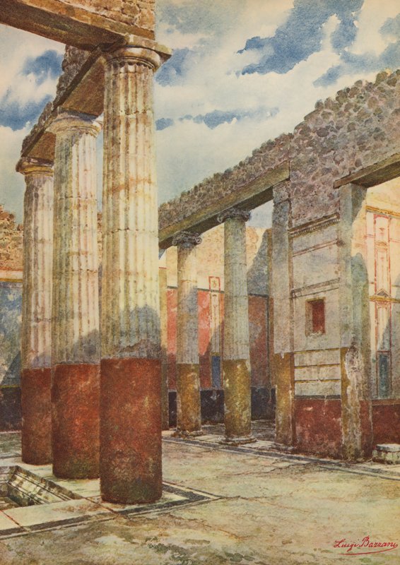 Pompeii: Patrici evi, Sütunlu atrium (renkli litografi) by Luigi Bazzani