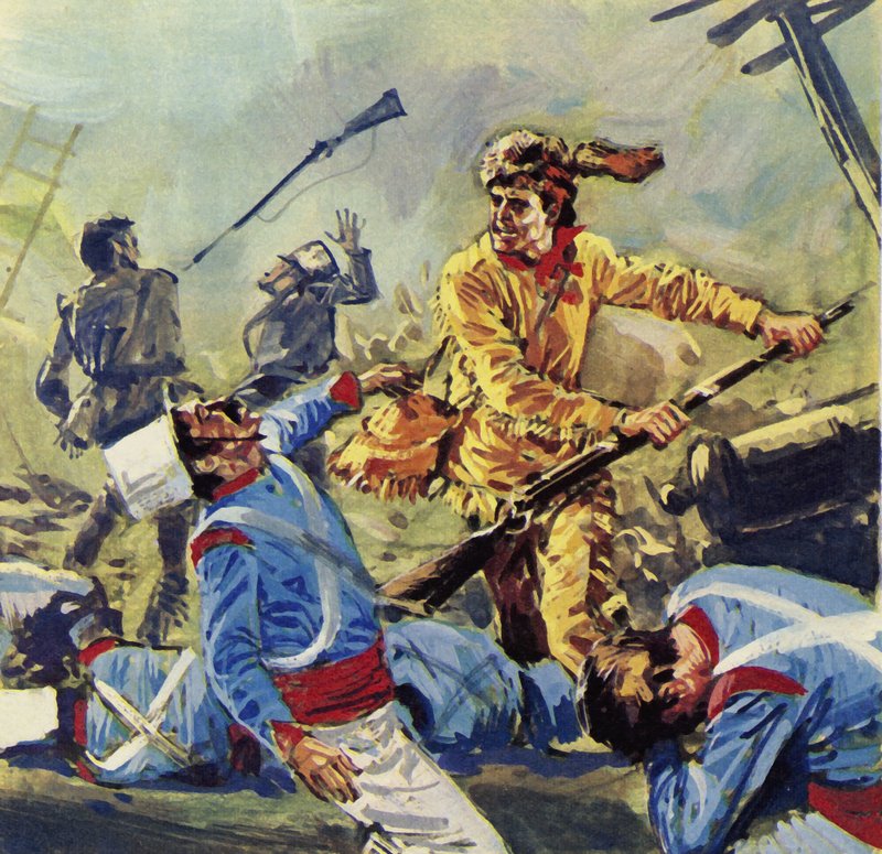Davy Crockett sonunda durmak bilmeyen Meksika saldırılarına yenik düştü (renkli taş baskı) by Luis Arcas Brauner