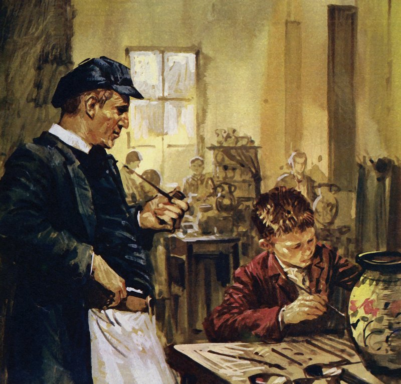 Pierre Auguste Renoir çocukken bir porselen fabrikasında çalışmış (renkli taş baskı) by Luis Arcas Brauner
