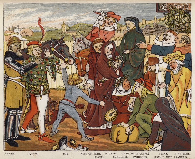 Geoffrey Chaucer, Canterbury Masalları, Tabard Inn'den ayrılan Hacılar (renkli taş) by Mary Eliza Haweis