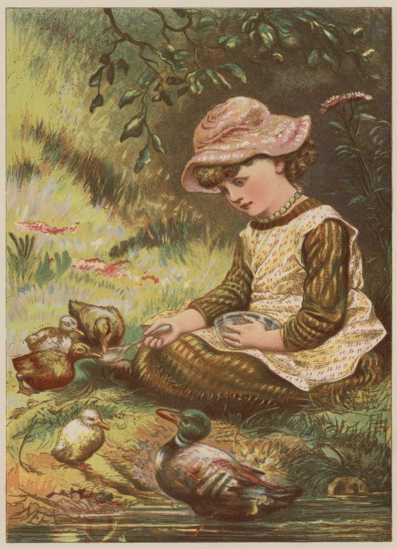 Ördek yavrularını besleyen kız (chromolitho) by Mary Ellen Edwards
