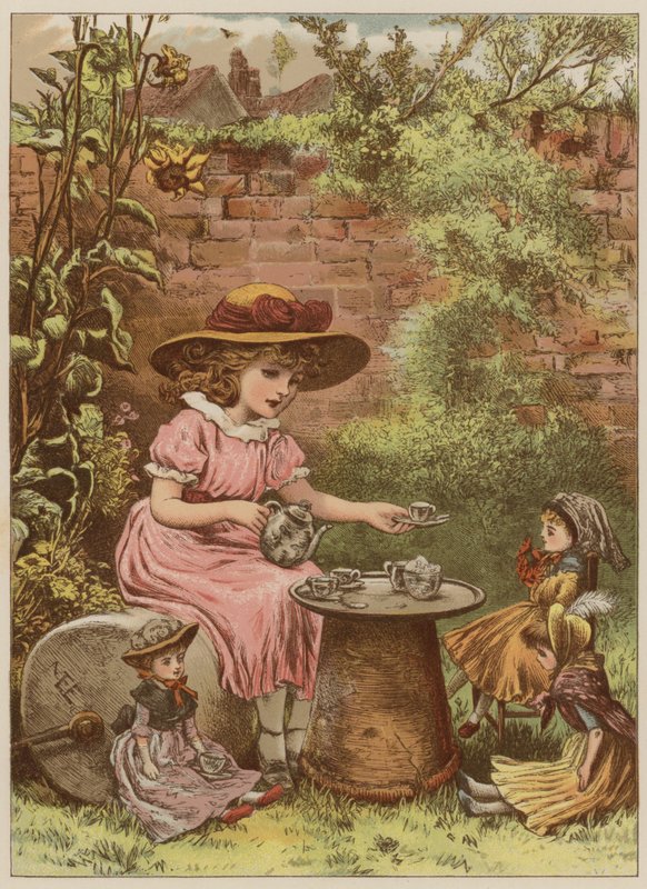 Bebeklerine çay servisi yapan kız (chromolitho) by Mary Ellen Edwards