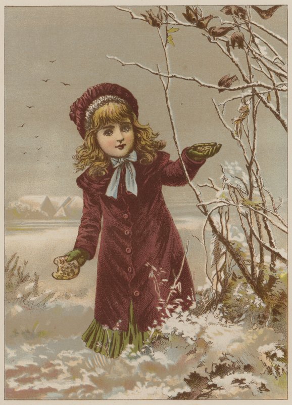 Karda kuşları beslemek için ekmek alan kız (chromolitho) by Mary Ellen Edwards