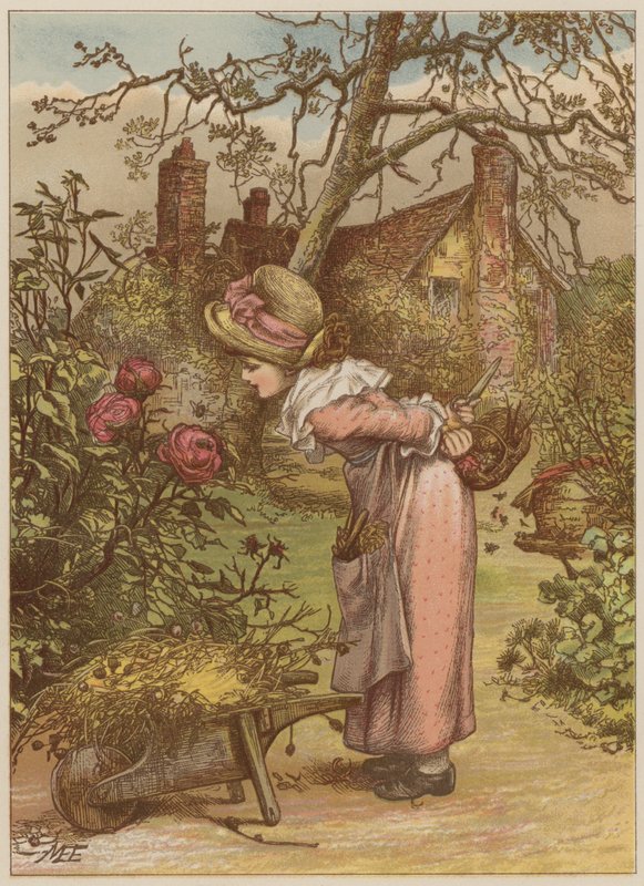 Bahçede arı izleyen kız (chromolitho) by Mary Ellen Edwards