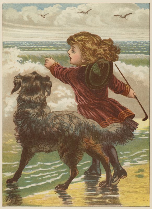 Sahilde köpekli kız (chromolitho) by Mary Ellen Edwards