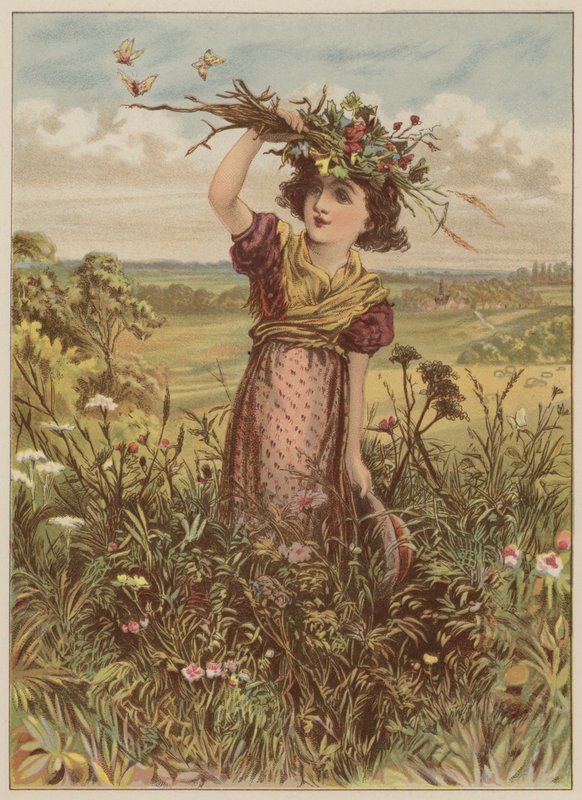 Çiçekleri ve kelebekleri olan kız (chromolitho) by Mary Ellen Edwards