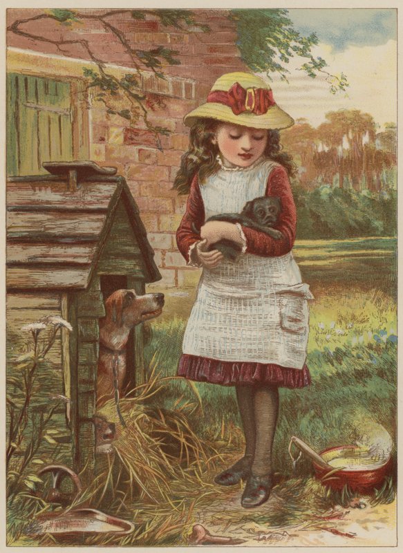 Köpek yavrusu olan kız (chromolitho) by Mary Ellen Edwards
