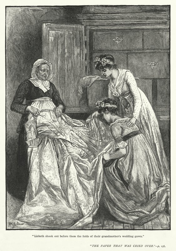"Lisbeth, büyükannelerinin gelinliğinin kıvrımlarını önlerinde salladı" (gravür) by Mary L. Gow
