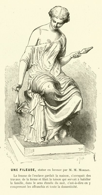 Antik Romalı kadın iplik eğirme (gravür) by Mathurin Moreau