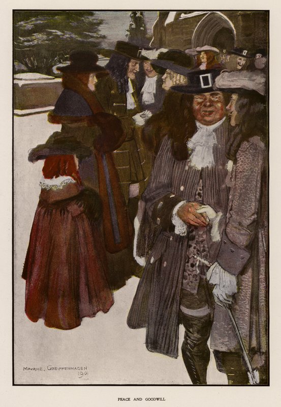 Bir kilisenin dışında Noel selamlarını değiş tokuş etmek (renkli taş) by Maurice (after) Greiffenhagen