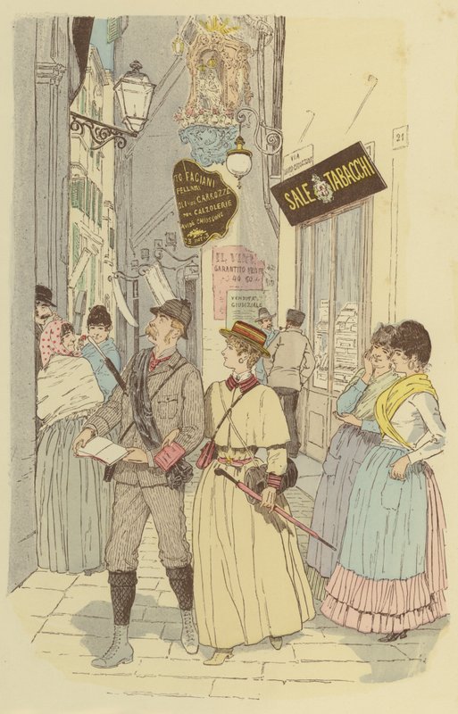 Bir adam ve karısı, eski Cenova şehrinin sokaklarında yürüyor. (renkli taş) by Maurice Charles Mathieu Bonvoisin