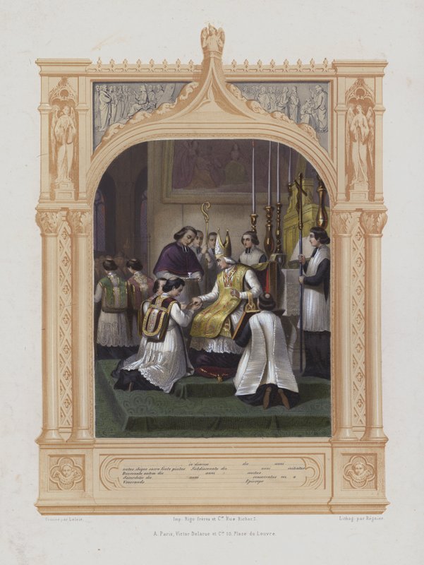Kutsal emirlere kabul (aquatint) by Maurice Leloir