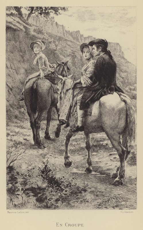 Jean-Jacques Rousseau ve at sırtında yolculuk yapan iki genç kadın (gravür) by Maurice Leloir
