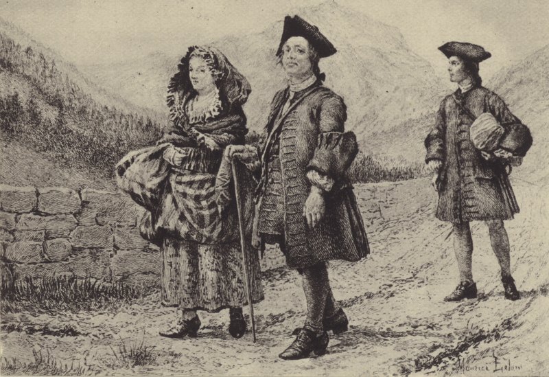 Jean-Jacques Rousseau iki arkadaşıyla yolda (gravür) by Maurice Leloir