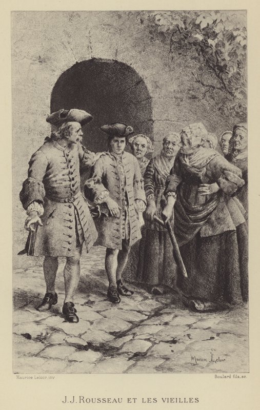 Jean-Jacques Rousseau yaşlı kadınlarla (gravür) by Maurice Leloir