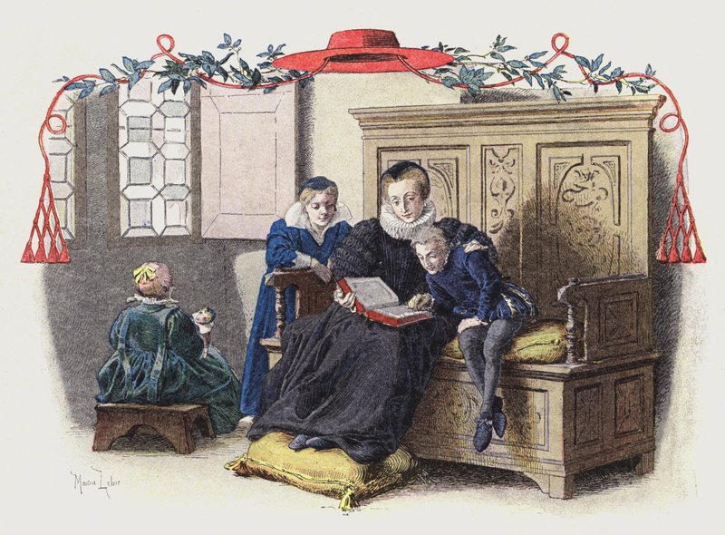 Richelieus annesi ilk derslerine rehberlik ediyor by Maurice Leloir