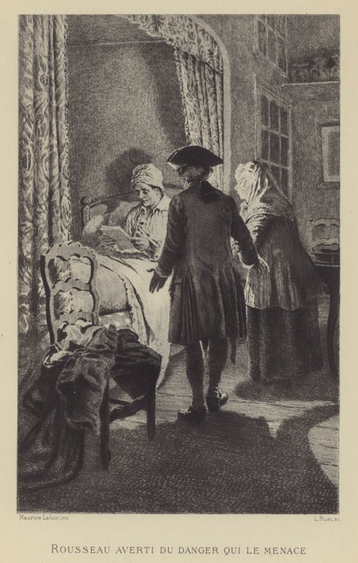 Rousseau kendisini tehdit eden tehlikeye karşı uyardı (gravür) by Maurice Leloir