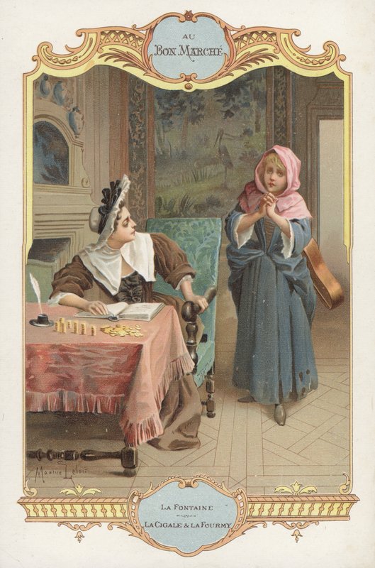 Jean de la Fontaines masalından bir sahne La Cigale et la Fourmi (Karınca ve Çekirge) (chromolitho) by Maurice Leloir