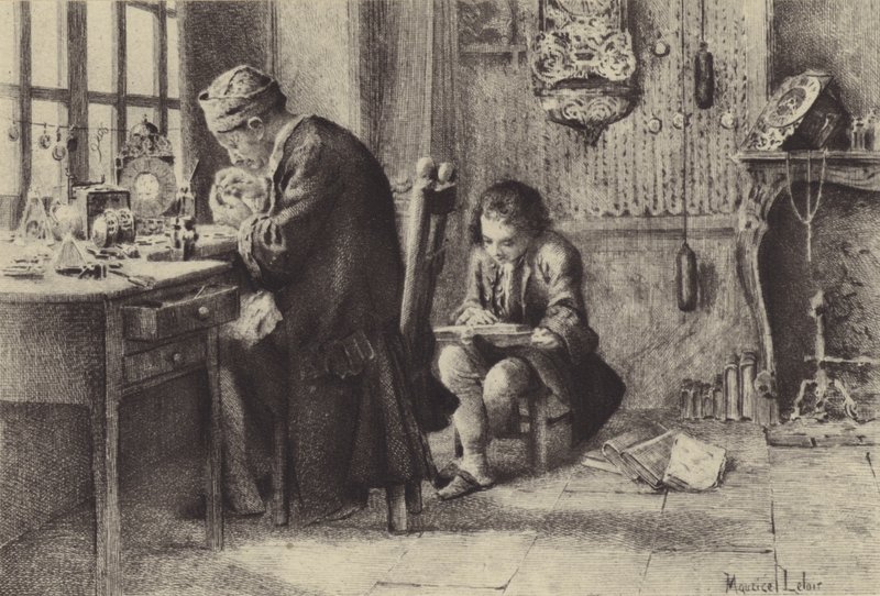 Babası çalışırken okuyan genç Jean-Jacques Rousseau (gravür) by Maurice Leloir