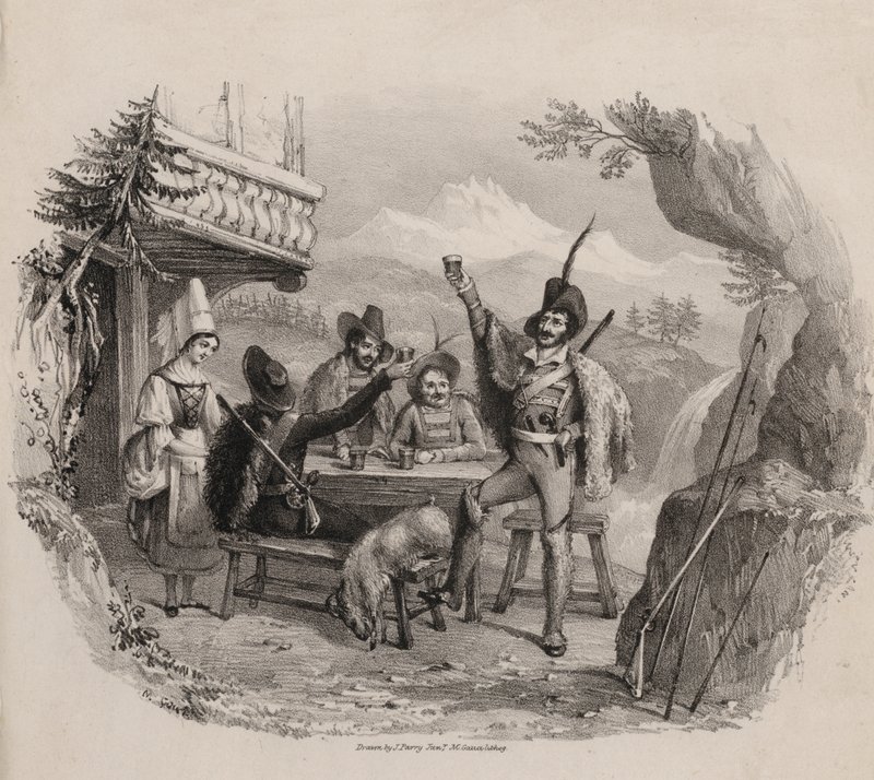 Dağlarda bir meyhanede içki içen avcılar (gravür) by Maxim Gauci