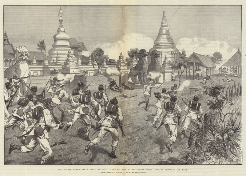 Burmah Seferi, Minhla Köyünün Ele Geçirilmesi, Düşmana hücum eden 2. Bengal Hafif Piyade by Melton Prior