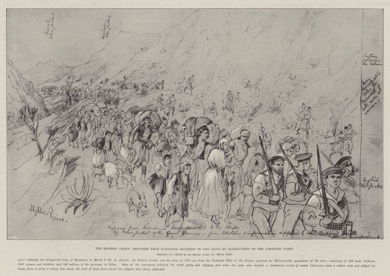 Doğu Krizi, Birleşik Filonun Mavi Ceketleriyle Gemilere kadar eşlik edilen Kandanoslu Mülteciler by Melton Prior