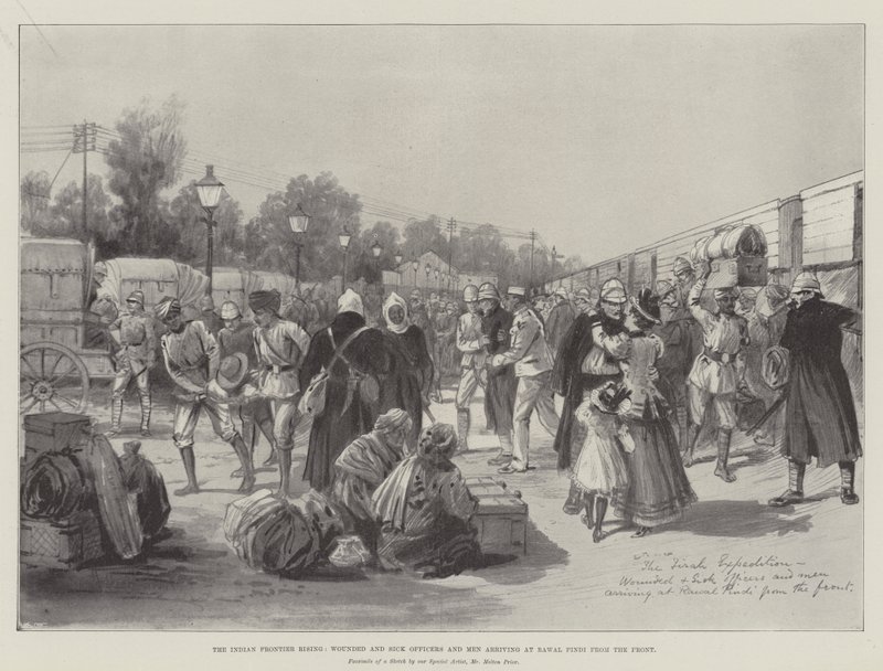 Hindistan Sınırı Yükseliyor, Yaralı ve Hasta Subaylar ve Adamlar Rawal Pindi'ye Cepheden Geliyor by Melton Prior