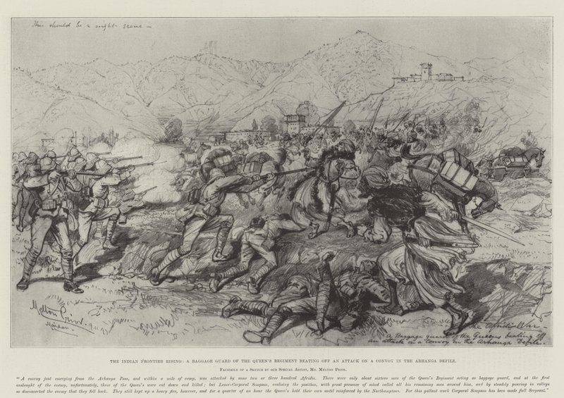 The Indian Frontier Rising, Kraliçe Alayı'nın bir Bagaj Muhafızı, Arhanga Defile'deki bir Konvoya Saldırıyı dövüyor by Melton Prior