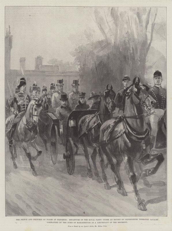 Galler Prensi ve Prensesi Blenheim'da, Marlborough Dükü tarafından Alayı Teğmen olarak komuta edilen Oxfordshire Yeomanry Süvari Eskortu altında Kraliyet Partisinin Ayrılışı by Melton Prior