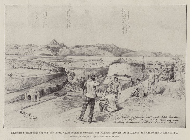 Seaforth Highlanders ve 23. Royal Welsh Fusiliers, Candia dışındaki Bashi-Bazuklar ve Hıristiyanlar arasındaki Mücadeleyi izliyor by Melton Prior