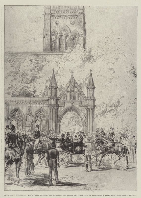 Kensington'daki Kraliçe, Majesteleri, St Mary Abbotts Kilisesi önünde Vestry ve Kensington Sakinlerinin Adresini alıyor by Melton Prior