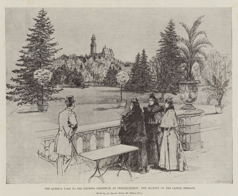 Kraliçe'nin Friedrichshof'taki İmparatoriçe Frederick'i Ziyareti, Majesteleri Kale Terasında by Melton Prior