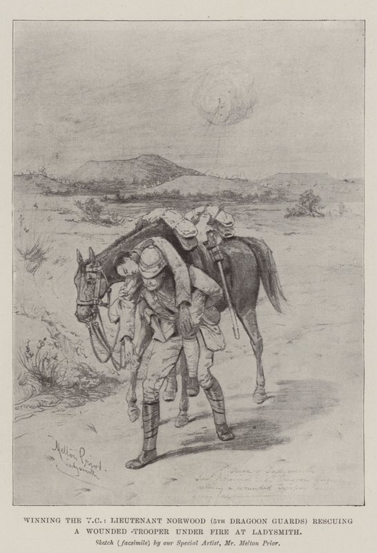 VC'yi kazanan Teğmen Norwood (5. Süvari Muhafızları), Ladysmith'te Ateş Altında Yaralı Bir Asker'i kurtarıyor by Melton Prior