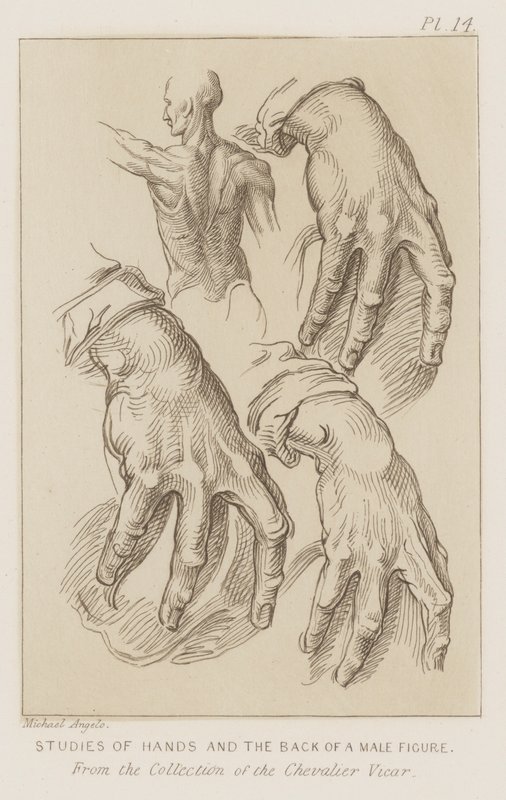 Bir erkek figürünün el ve sırt çalışmaları (gravür) by Michelangelo (after) Buonarroti