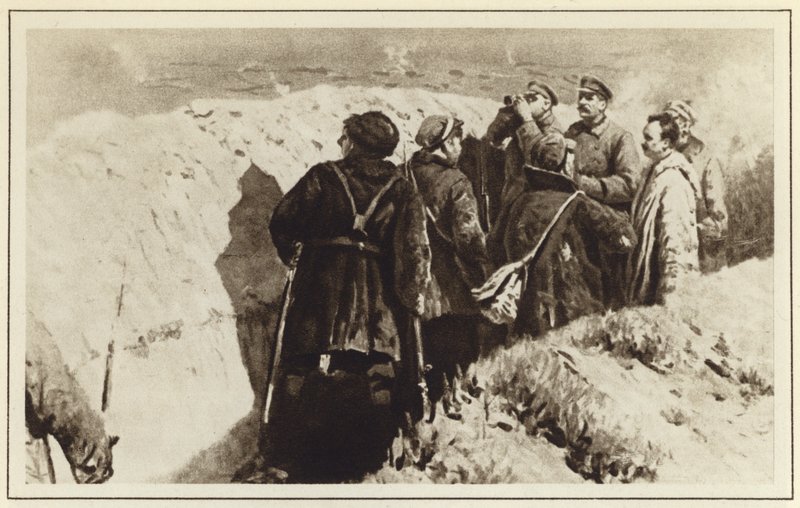 Bolşevik komutanlar Joseph Stalin ve Kliment Voroshilov Tsaritsyn siperlerinde, Rus İç Savaşı, 1918 by Mitrofan Borisovic Grekov