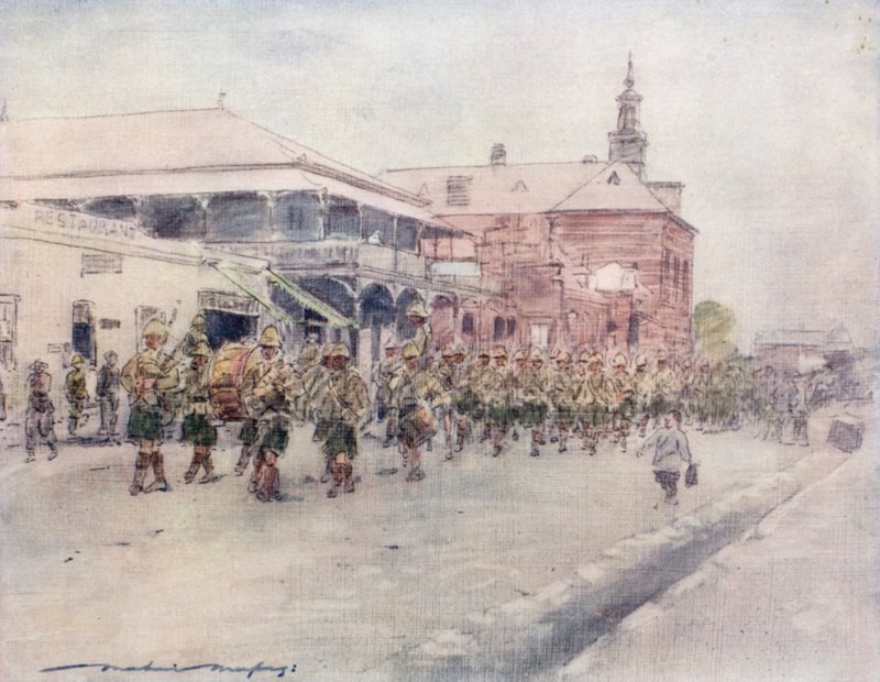 Bloemfontein boyunca yürüyen Highlanders by Mortimer Ludington Menpes