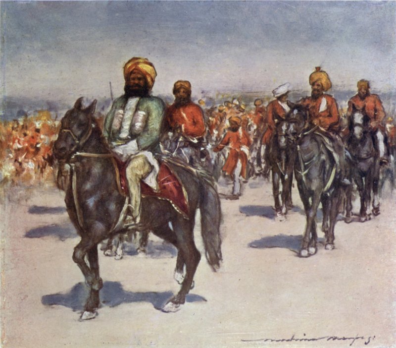 Yerli Hizmetlilerin Gözden Geçirilmesinde Yerli Atlılar by Mortimer Ludington Menpes