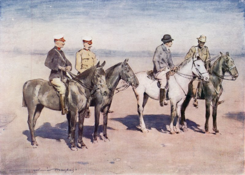 Sir Alfred Milner, CIV'den Albay Cholmondeley ile röportaj yapıyor by Mortimer Ludington Menpes
