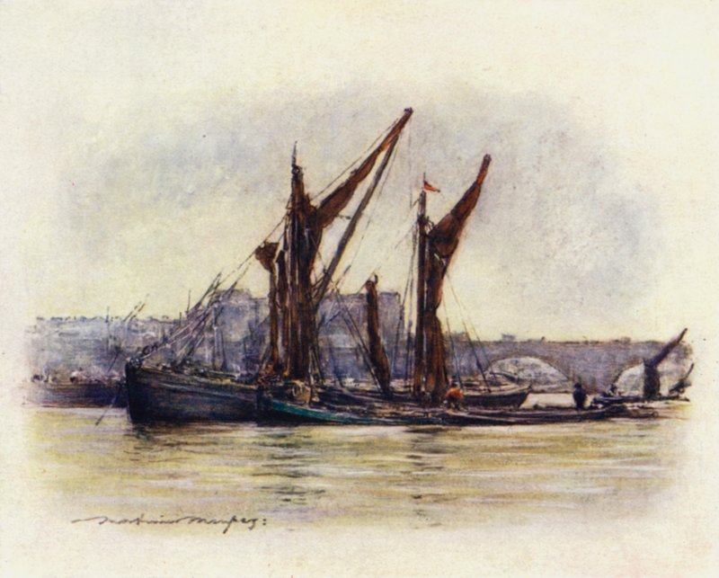 Westminster Bridge yakınındaki saman mavnaları by Mortimer Ludington Menpes