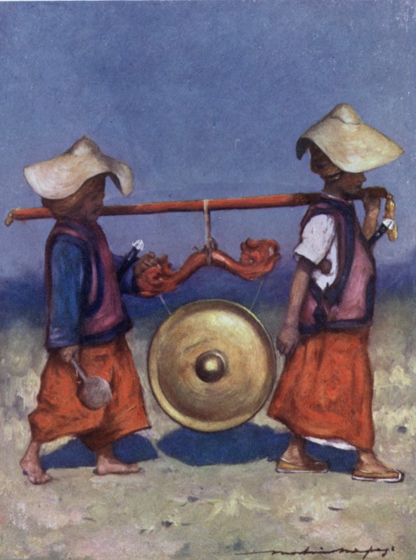 Pirinç Gong taşıyan Shan Tutucular (renkli taş) by Mortimer Ludington Menpes