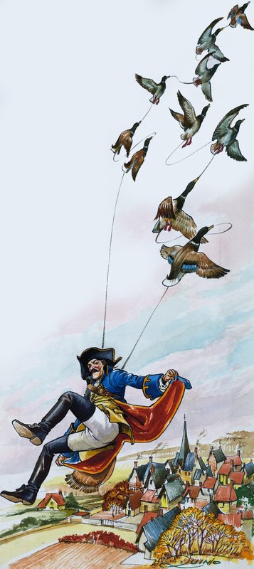 Baron Munchausen ördekler tarafından götürülürken (kağıt üzerine guaj) by Nadir Quinto