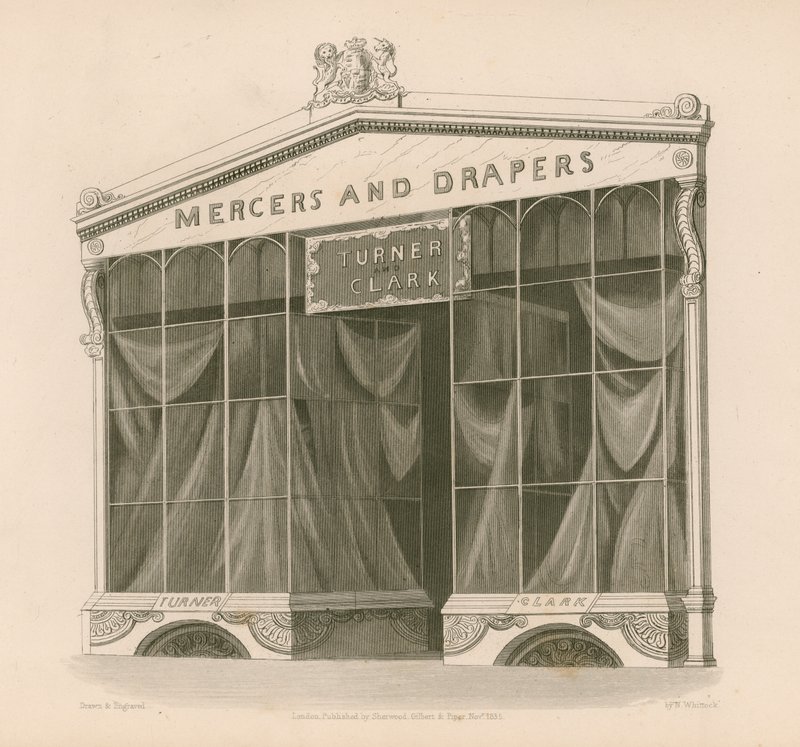 Bay Turner and Clark, Mercers and Drapers, Coventry Street, Londra için mağaza önü by Nathaniel Whittock