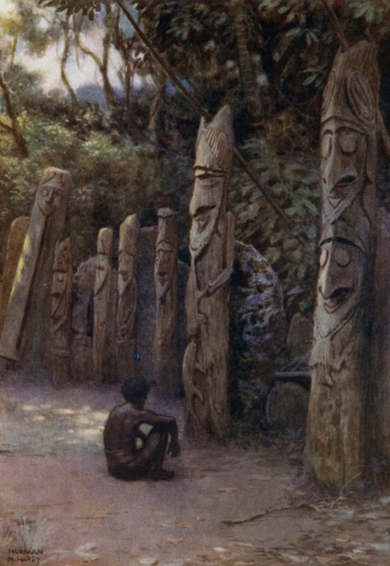 Taş "Demits" veya eşlik eden ahşap figürleriyle Ruhlar, Malekula Adası, Yeni Hebridler (renkli taş) by Norman Hardy