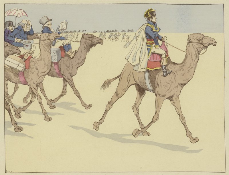 Firavunların ülkesine varan Napolyon, her yere gitti, ardından hiç deve sırtına binmemiş bilim adamları ve sanatçılardan oluşan bir komisyon, 1 Temmuz 1798 by Onfray de Breville Job