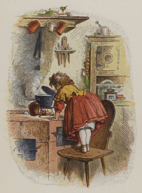 Küçük kız ocakta bir tencereye bakıyor (renkli taş) by Oskar Pletsch