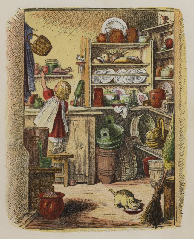 Küçük kız yüksek raftaki bir eşyaya uzanıyor (renkli taş) by Oskar Pletsch