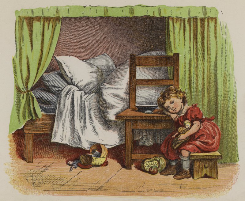 Yatağının yanında oturan küçük kız (renkli taş) by Oskar Pletsch